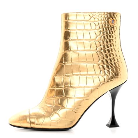 chanel gold croc boots|CHANEL Calfskin Crocodile Embossed Cap Toe Ankle Boots 39 .